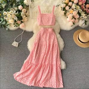 Pink Eyelet Crop Top Long Maxi Skirt Set